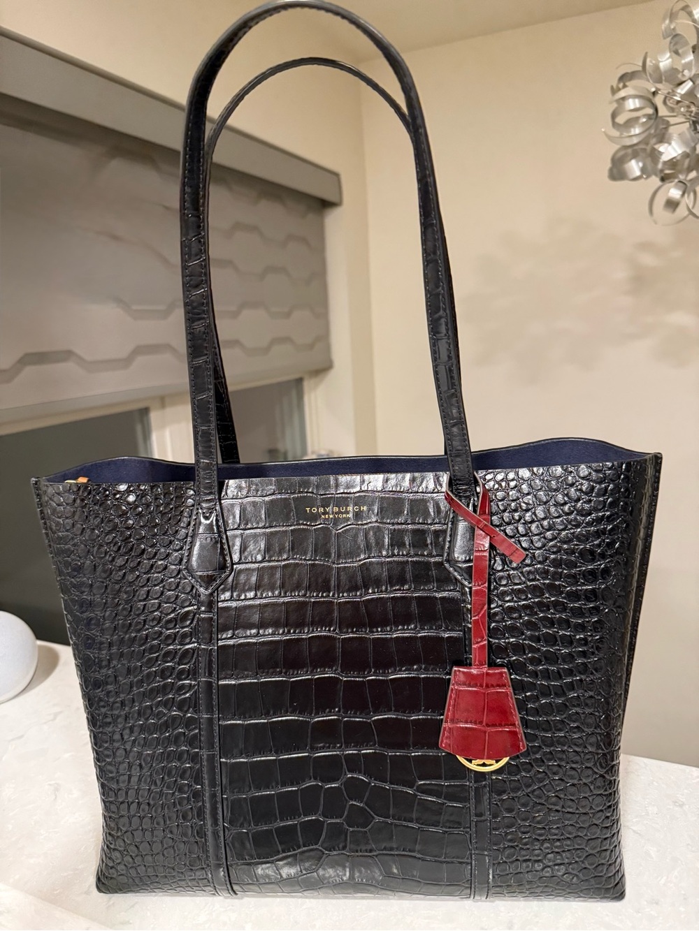 Tory Burch Perry Croc Embossed Leather Triple Compartment Tote Black